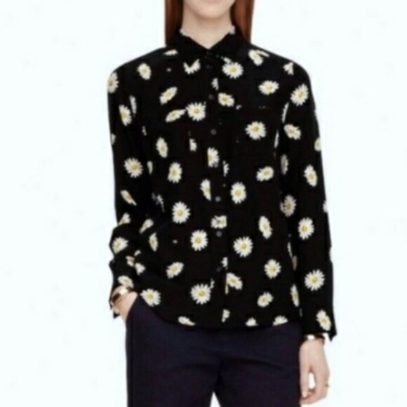 Kate Spade Down The Rabbit Hole Dot Silk Floral Top White Daisy Long Sleeve XXS - Picture 1 of 7